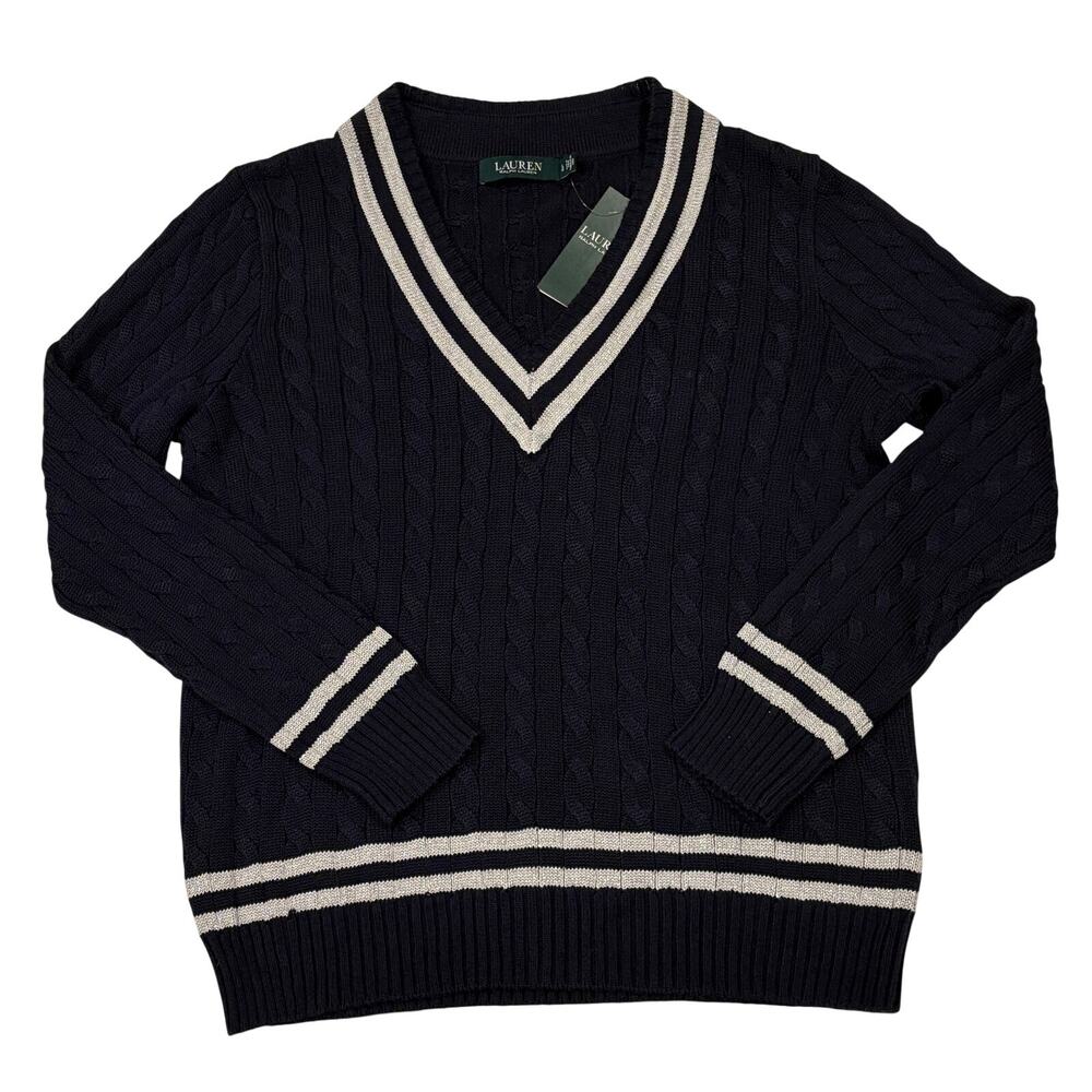 Lauren Ralph Lauren Tennis Cricket Sweater Womens Large Blue Silver Cable Knit